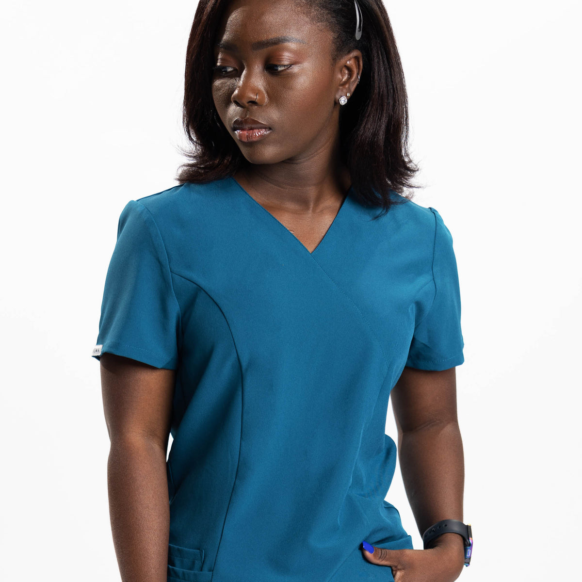 Women’s 2 pockets Y Neck scrub top Caribbean Blue