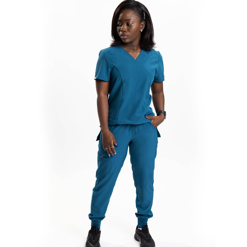 Blouse médicale col Y 2 poches femme Bleu Caraïbe 
